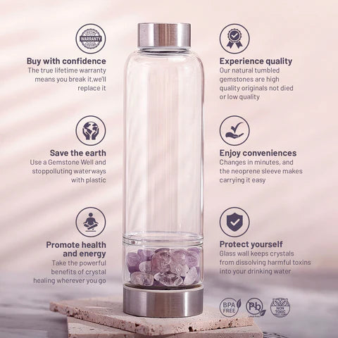 Crystal Water Bottle Elixir Set - Includes: Neoprene Sleeve + Gemstones