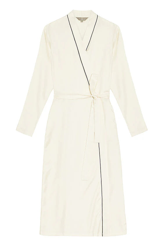 Mulberry Silk Robe - Natural Ivory with Navy Piping