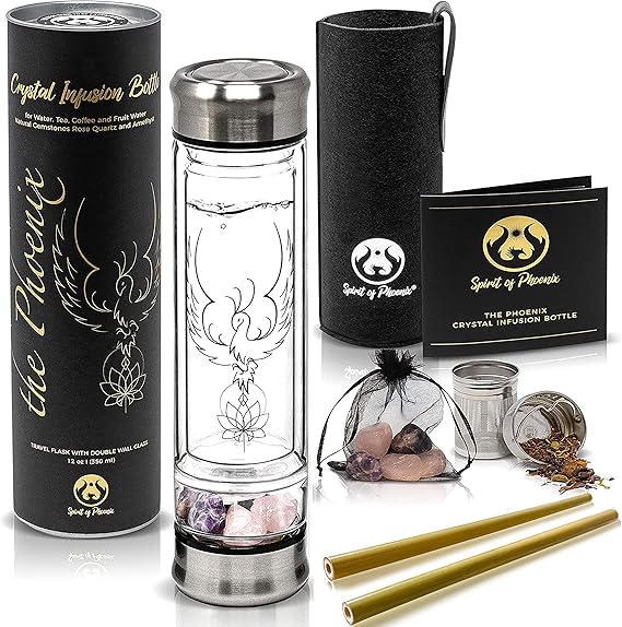 Phoenix Crystal Water Bottle, Loose Leaf Tea Infuser Bottle, Double Wall Glass