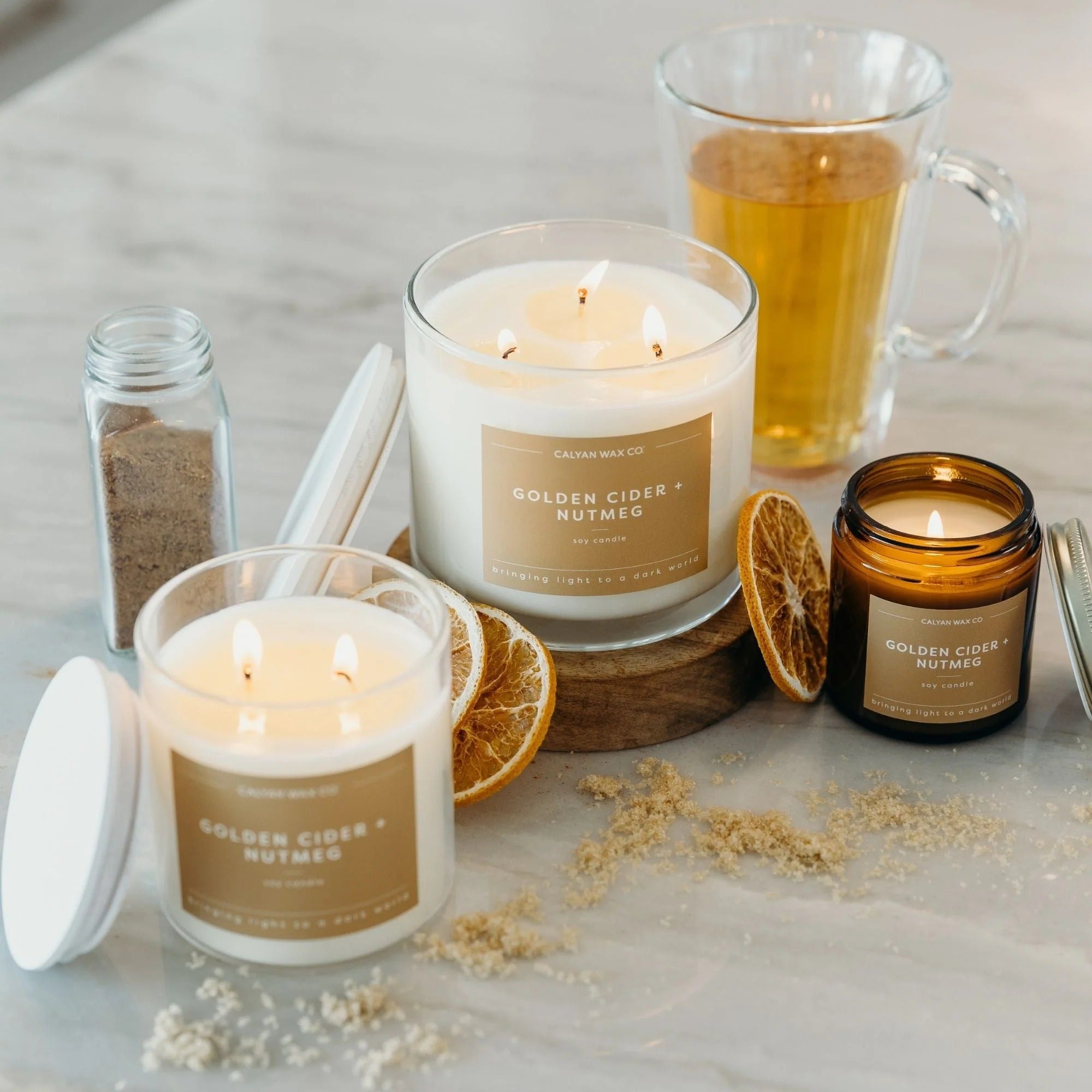 Golden Cider + Nutmeg 3-Wick Clear Glass Tumbler Soy Candle